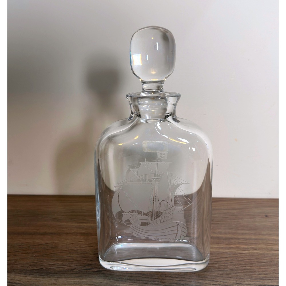 Atlantis Full Lead Crystal Decanter Portugal Etched Sailing Ship Nautical 9.5"